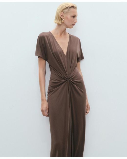 Mango Brown Gathered Neckline V-neck Dress