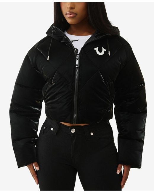 True Religion Black High Shine Foil Hooded Puffer Jacket