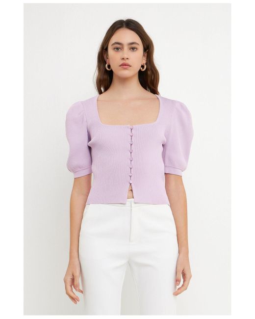 Endless Rose Puff Short Sleeve Button Front Sweater Top in Purple | Lyst
