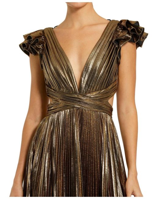 Mac Duggal Natural Ruffle Sleeve Cutout Pleated Metallic Gown