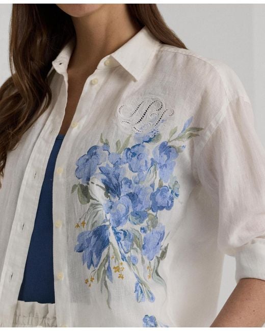 Lauren by Ralph Lauren Blue Linen Floral Shirt