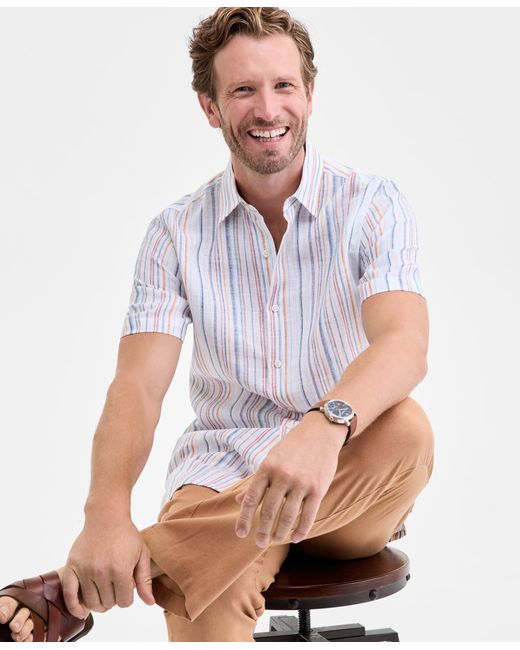 Club Room Short-sleeve Macro Striped Linen Shirt in White for Men | Lyst