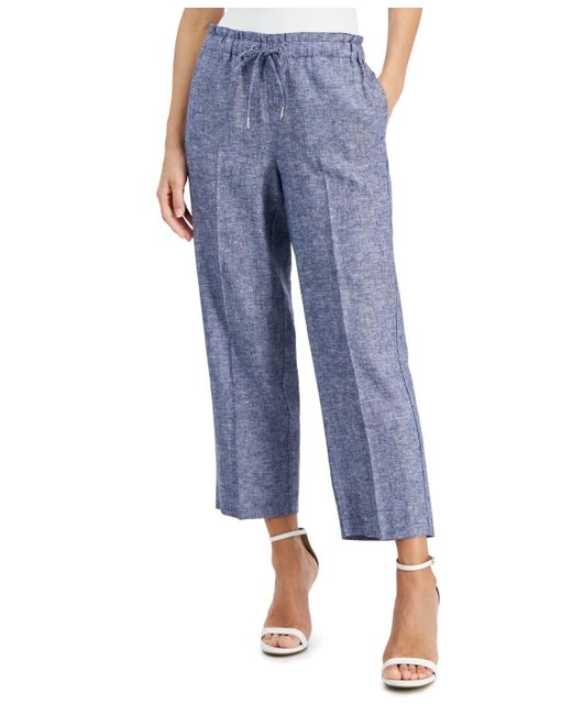 Anne Klein Blue Linen-blend Mid Rise Drawstring-waist Crop Pants