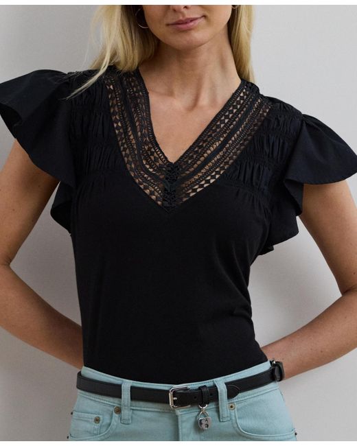 Ralph Lauren Black Lace-trim Jersey Flutter-sleeve Tee