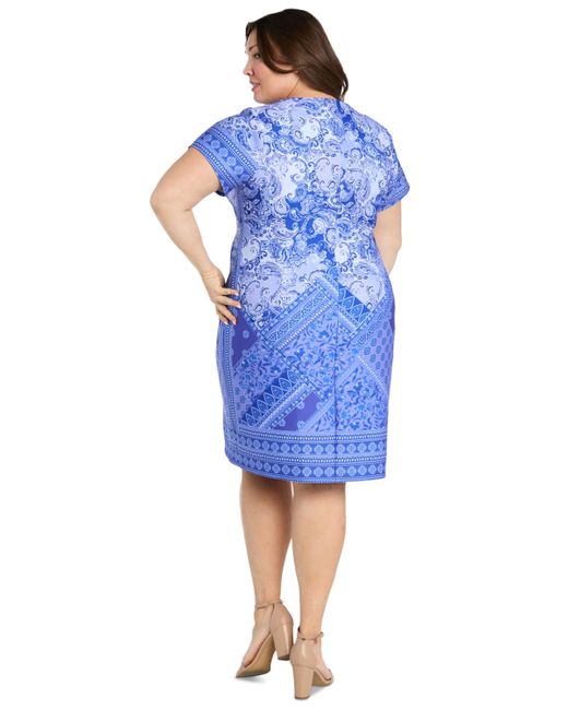 R & M Richards Blue Plus Size Printed Shift Dress