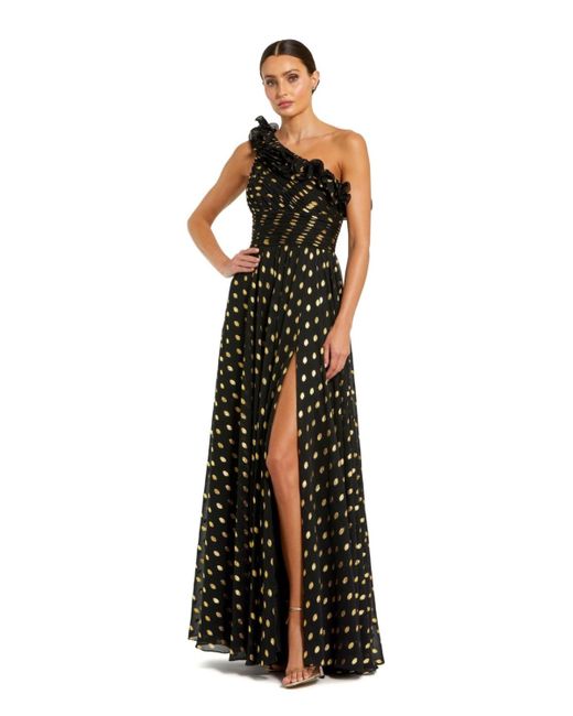 Mac Duggal Black One Shoulder Ruffle Chiffon Gown With Slit