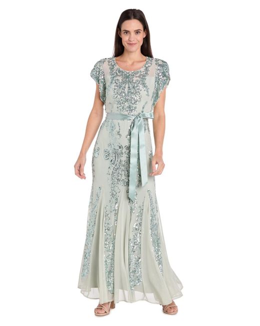 R & M Richards White Short-sleeve Sequined Gown