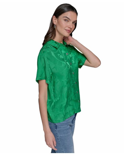 Karl Lagerfeld Green Short Sleeve Jacquard Button Front Top