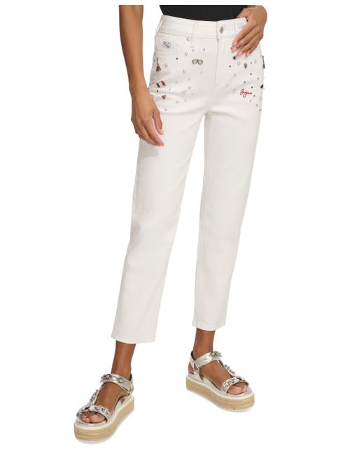 Karl Lagerfeld White Embellished Straight-fit Jeans