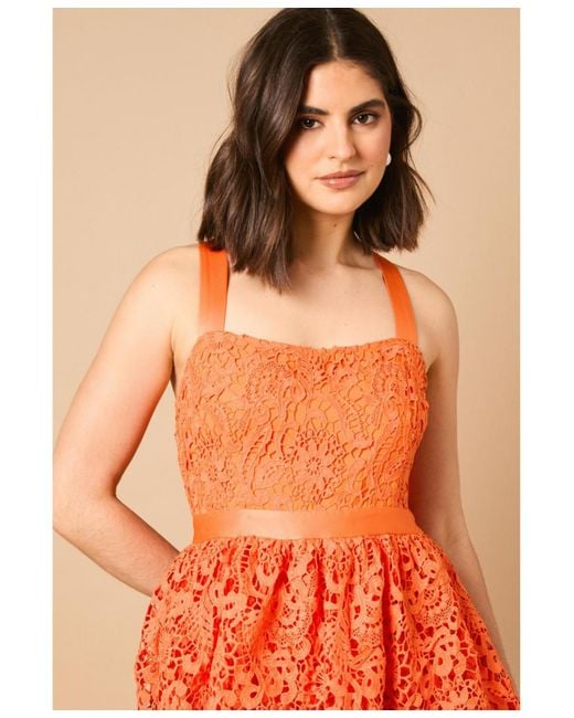 Oasis Orange Cross Strap Tiered Lace Midi Dress