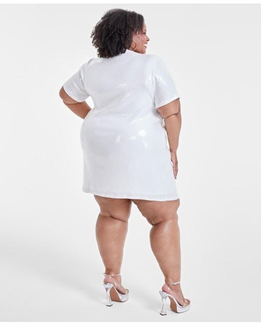Nina Parker White Trendy Plus Size Printed Short-sleeve Sequin Dress