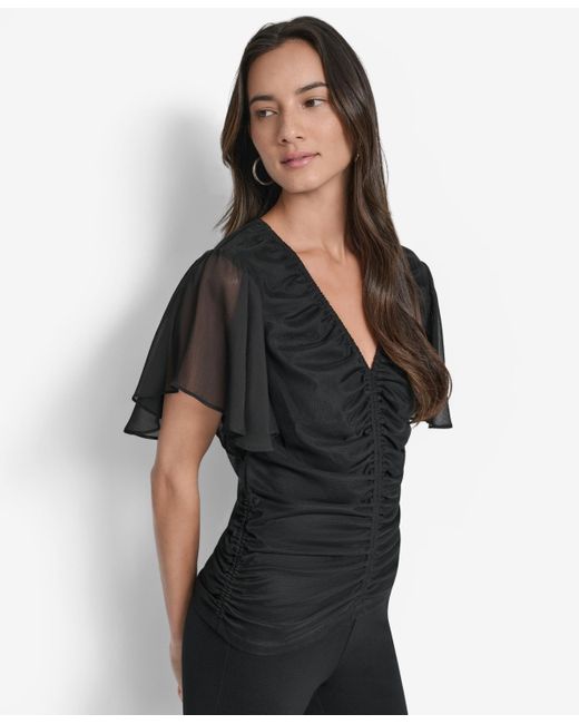 DKNY Black Center-ruched Flutter-sleeve Top
