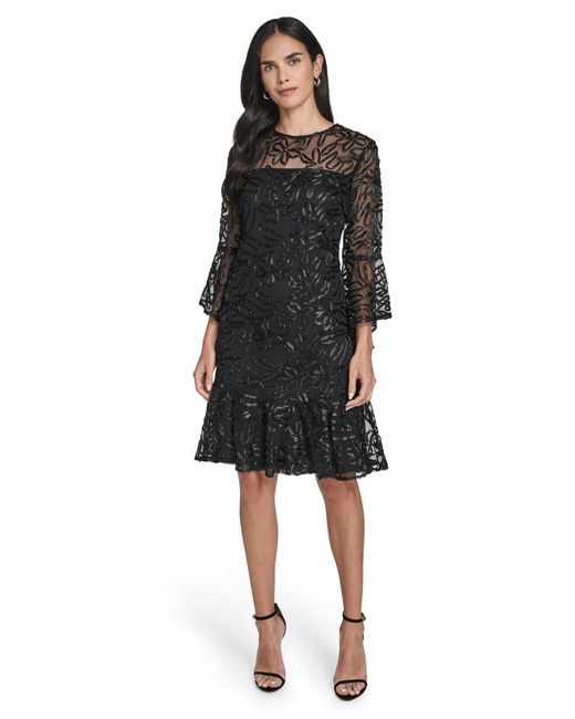 Jessica Howard Women's Black Petite Jewel Neck Bell Sleeve A-line Dress Jessica Howard Women's Black Petite Jewel Neck Bell Sleeve A-line Dress