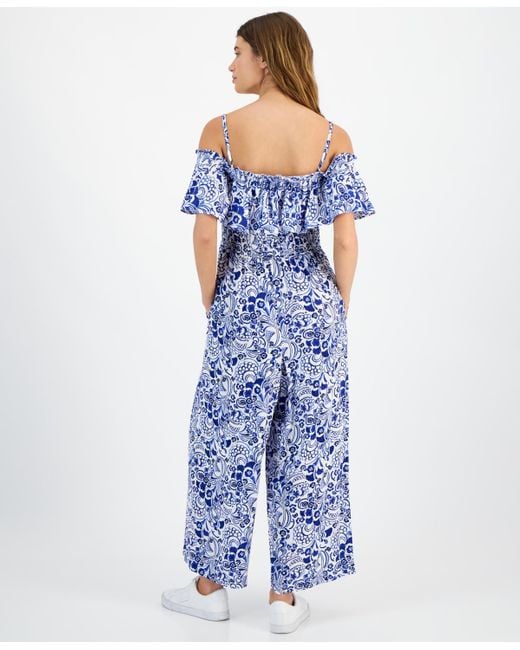 Tommy Hilfiger Blue Floral-print Off-the-shoulder Jumpsuit