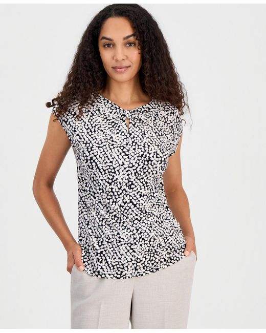 Kasper White Petite Knot Neck Pull-on Blouse