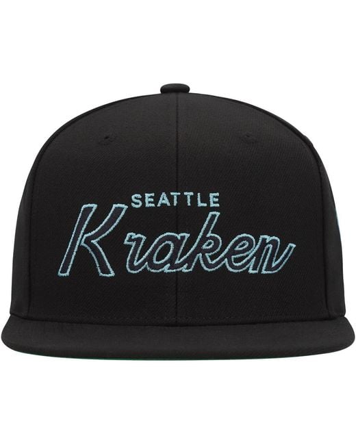 Mitchell & Ness Black Seattle Kraken Core Team Script 2.0 Snapback Hat for men