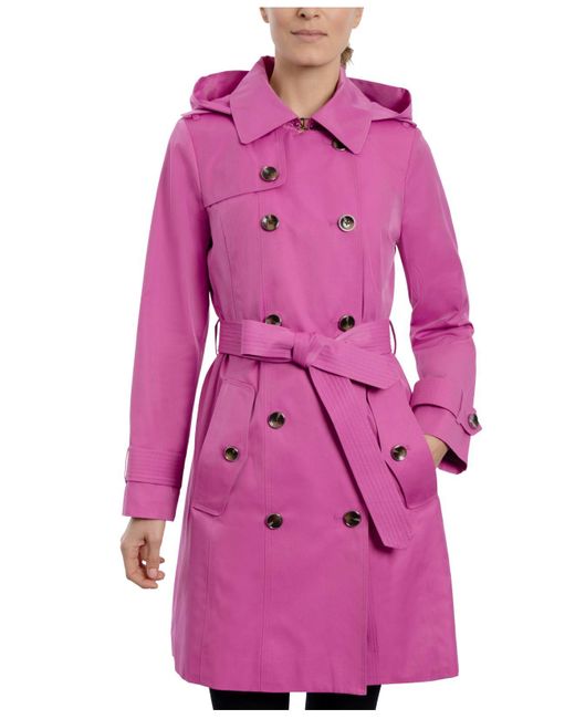 London Fog Cotton Petite Hooded Double-breasted Trench Coat in Pink - Lyst