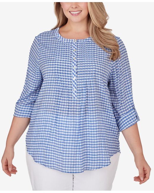 Ruby Rd Blue Plus Size Gingham Silky Gauze Top