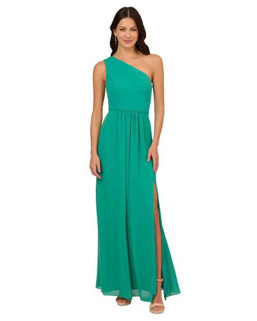 Adrianna Papell Green One-shoulder Chiffon Gown