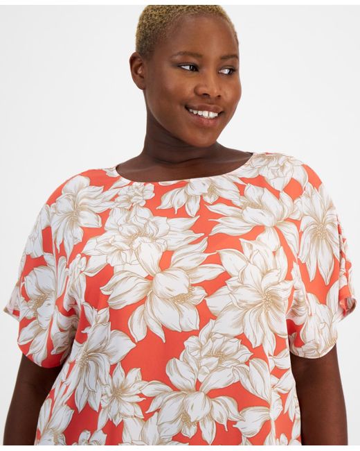 Anne Klein Red Plus Size Printed Boat-neck Short-sleeve Top
