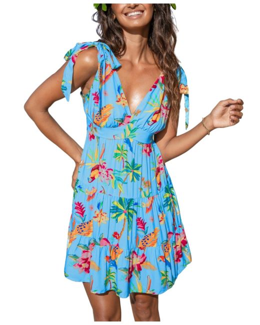 CUPSHE Blue Parrot And Palm Bright Tropical Mini Beach Dress