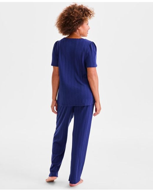 Charter Club Blue Short-sleeve Pointelle Knit Pajama Set