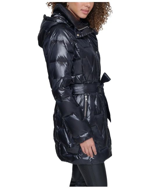 Karl Lagerfeld Blue Tie-waist Hooded Puffer Coat