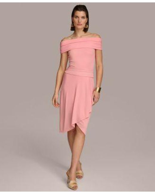 Donna Karan Pink Off The Shoulder Top Faux Wrap Skirt