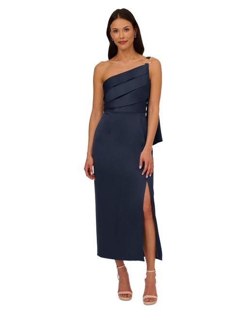 Adrianna Papell Blue Satin Crepe One-shoulder Gown