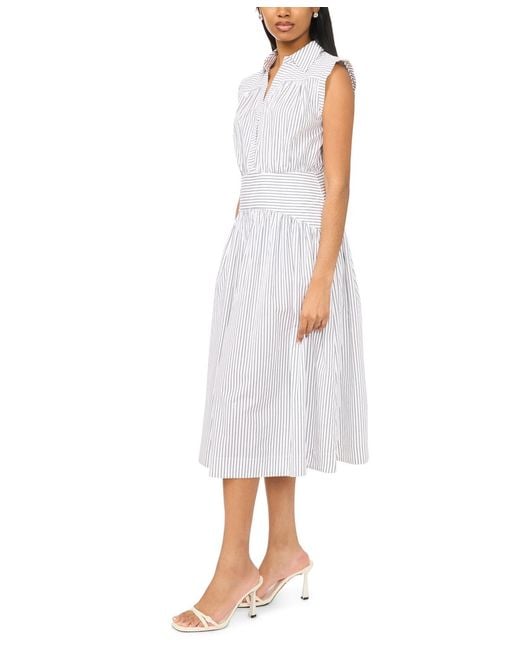 Msk White Collared Shirred Button-down Dress