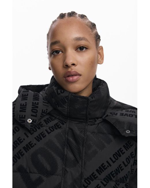 Desigual Black Padded Quilted Coat, Polyester