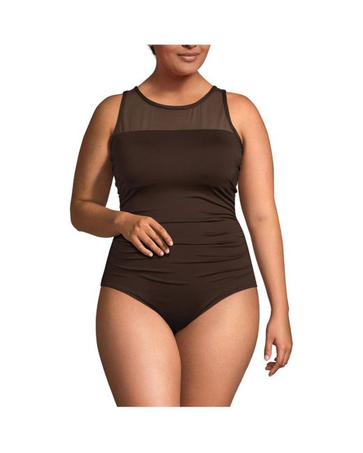 Lands' End Multicolor Plus Size Chlorine Resistant Smoothing Control Mesh High Neck One Piece Swimsuit