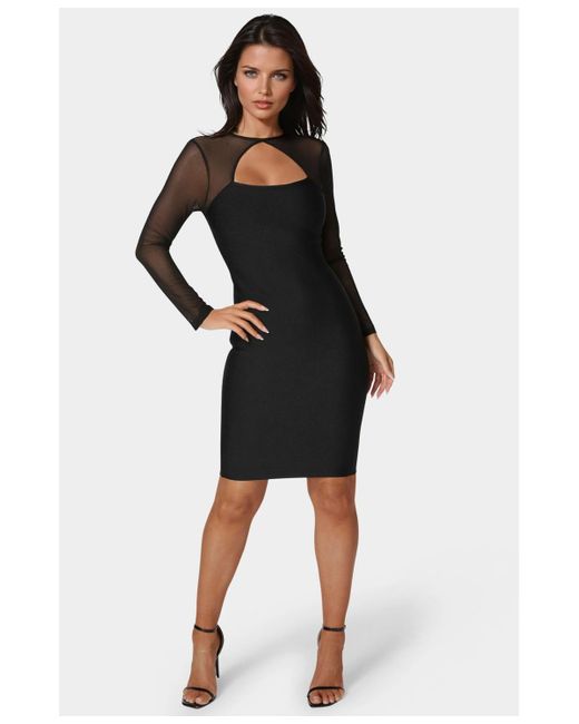 Bebe Black Long Sleeve Mesh Peek A Boo Bandage Dress