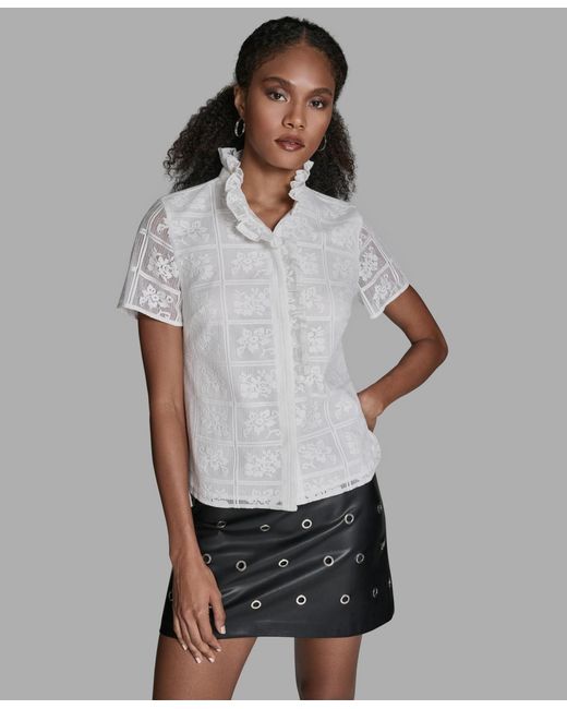 Short Front Ruffle Collar BCBGMAXAZRIA Short-sleeve Ruffle Front Top in Gray | Lyst