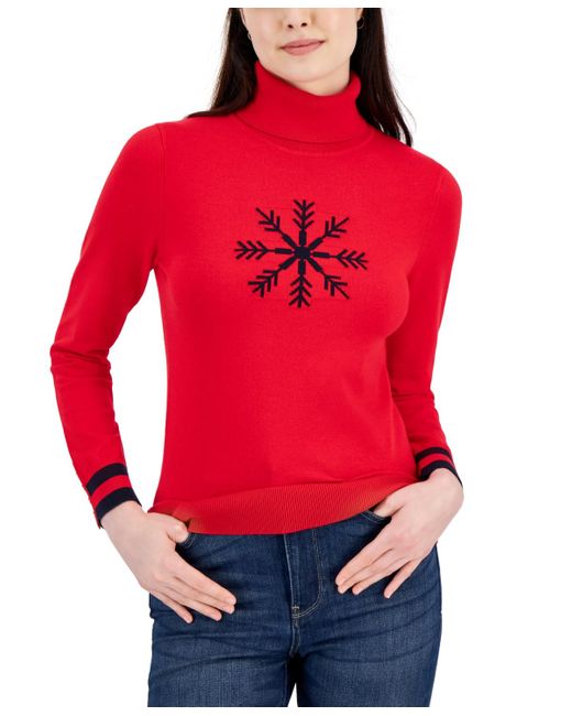 Tommy Hilfiger Red Turtleneck Snowflake-graphic Sweater