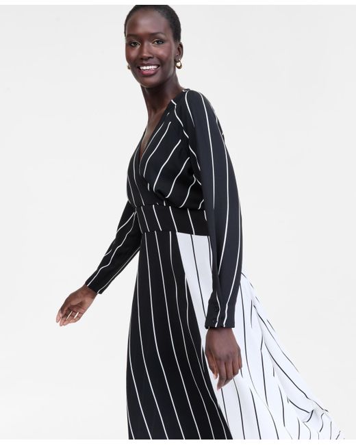 INC International Concepts White Multi-stripe Surplice-neck Midi Dress