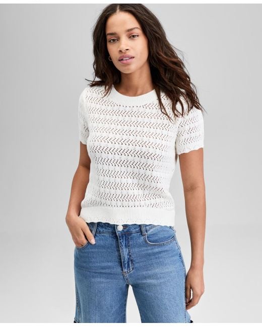 And Now This White Crewneck Pointelle Short-sleeve Sweater