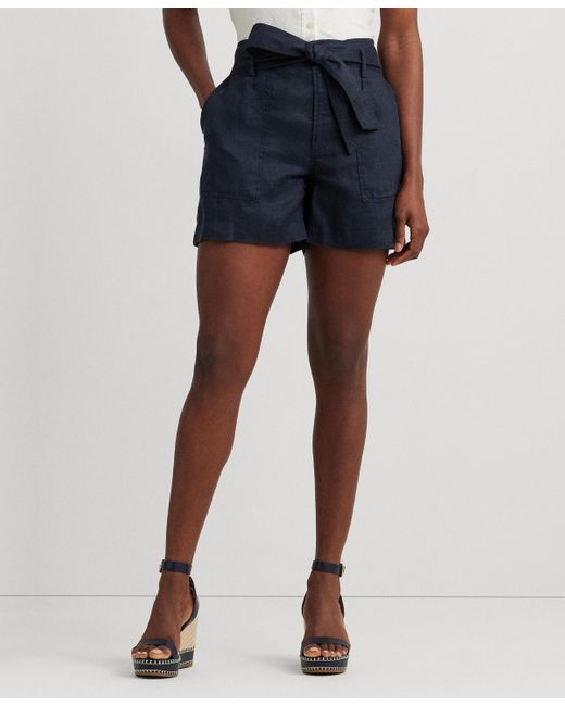 Lauren by Ralph Lauren Blue Belted Linen Shorts