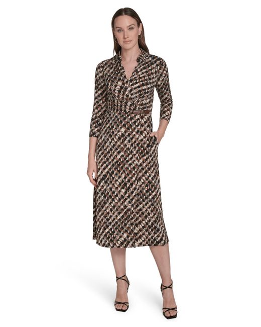 Jessica Howard Women's Brown 3/4-sleeve Shirt Collar Dress