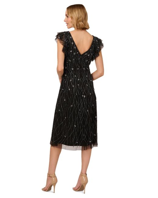 Adrianna Papell Black Beaded Flutter-sleeve Midi Dress