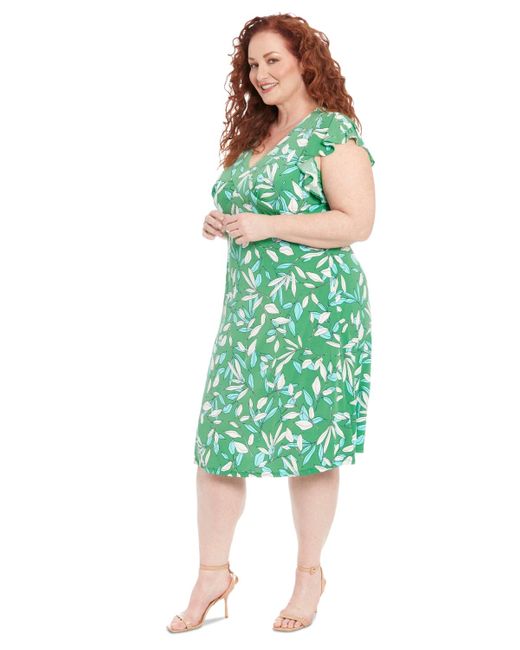 London Times Green Plus Size Printed Flutter-sleeve Dress