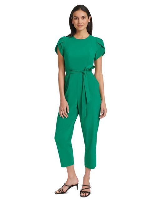 Calvin Klein Green Short-sleeve Waist-tie Jumpsuit