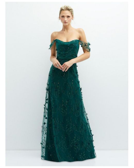 Dessy Collection Green Off-the-shoulder A-line 3d Floral Embroidered Dress