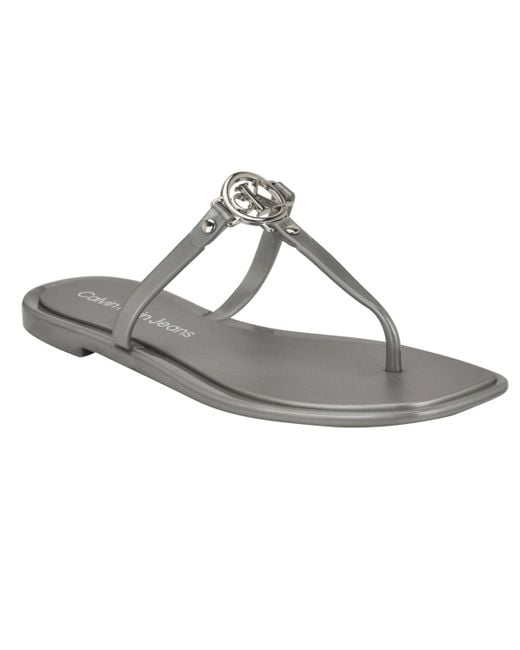 Calvin Klein White Edhen Logo T-strap Flat Jelly Sandals