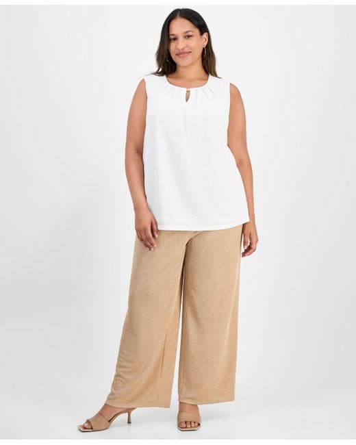 Kasper White Plus Size Pleated-neck Textured Top