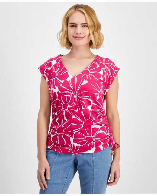 INC International Concepts Pink Petite Floral-print Tie-hem Top
