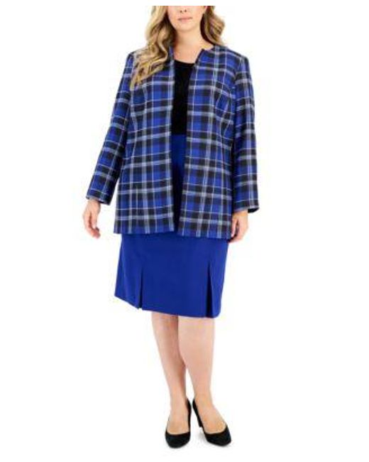 Kasper Blue Plus Size Crewneck Chiffon Sleeve Knit Top Plaid Open Front Blazer Box Pleat Zip Back Pencil Skirt