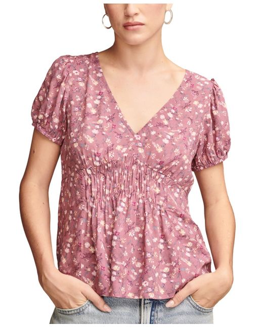 Lucky Brand Pink Floral-print Wide-smocked Short-sleeve Top