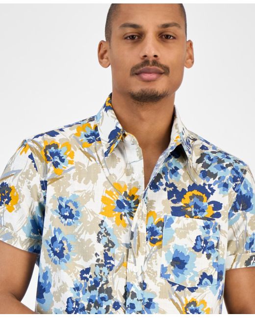 Sun & Stone Blue Sun + Stone Floral-print Short-sleeve Shirt for men