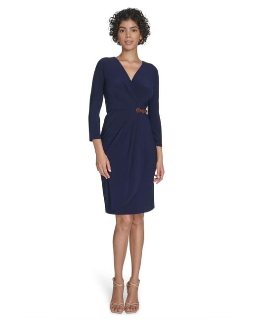 Jessica Howard Women's Blue Petite Surplice Faux Wrap Sheath With